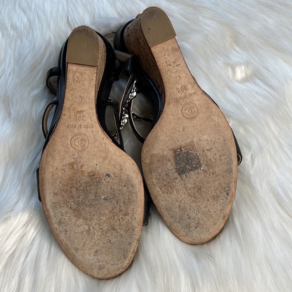 Chanel Black Camellia Charm Wedge Sandals - Picture 13 of 15